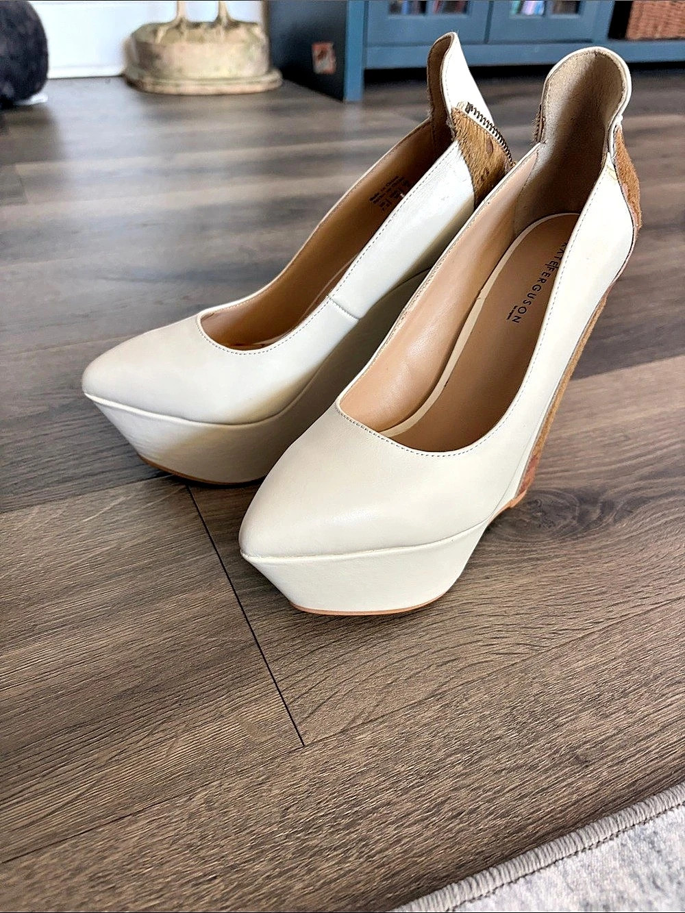 Kate Ferguson cassamassimo ICE White & Brown Wedge PLATFORM Pumps 7.5 women’s